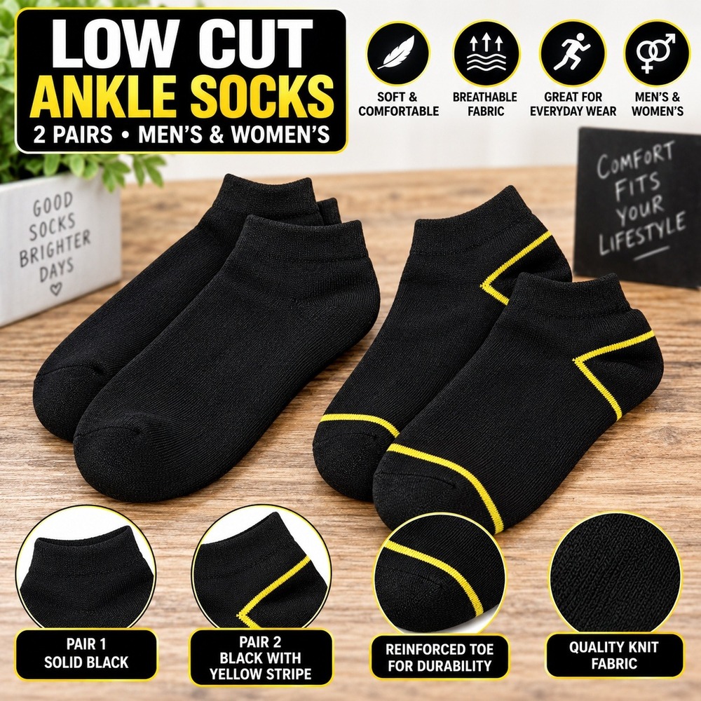 Low Cut Ankle Socks 2 Pairs Mens Womens Black Yellow Stripe Reinforced Toe